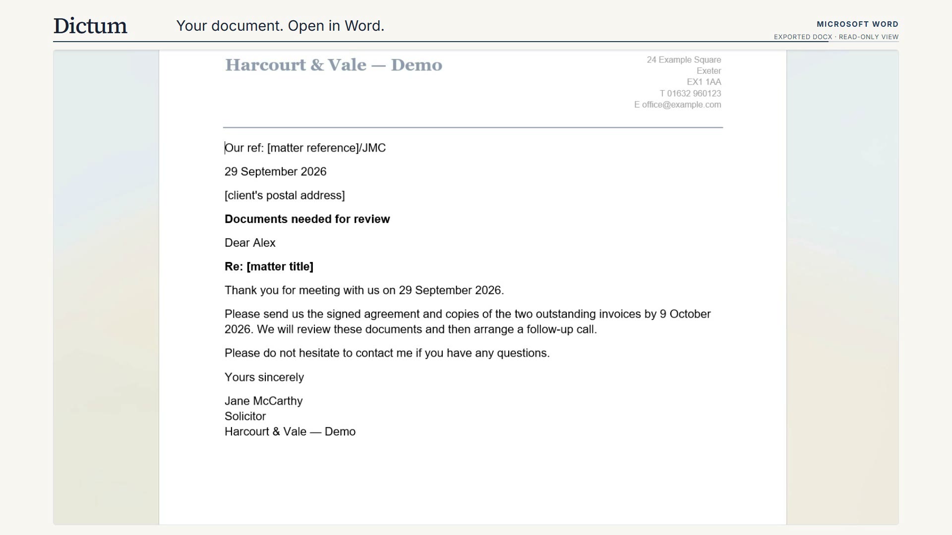 The finished client letter open in Microsoft Word, on the Harcourt and Vale demo letterhead, with the three placeholders still marked.